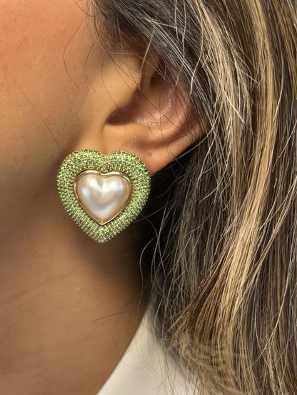 Tsavorite Pave & Pearl Heart Earrings