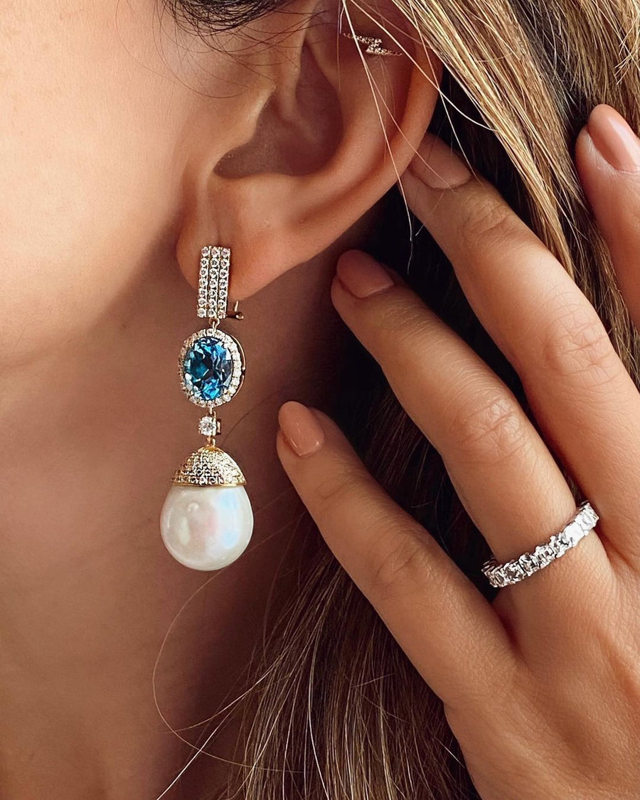 Blue Topaz Diamond & Baroque Pearl Earrings
