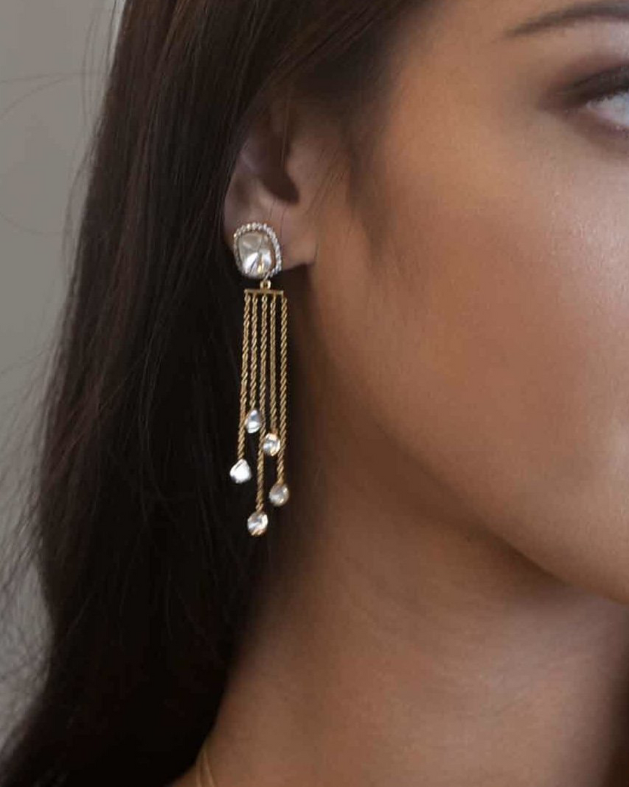 Gold & Uncut Diamond Tassel Earrings