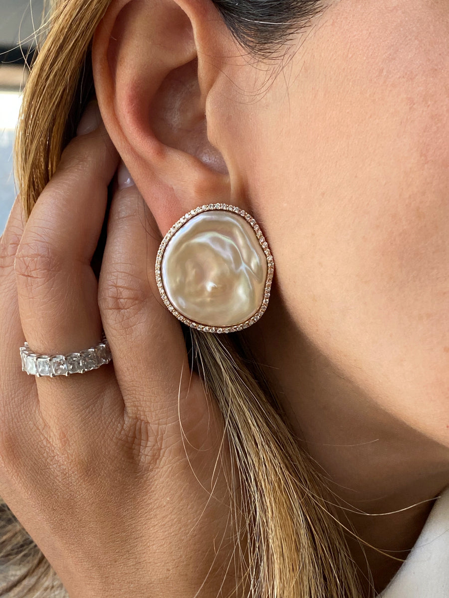 Flat Baroque & Diamond Disc Earrings