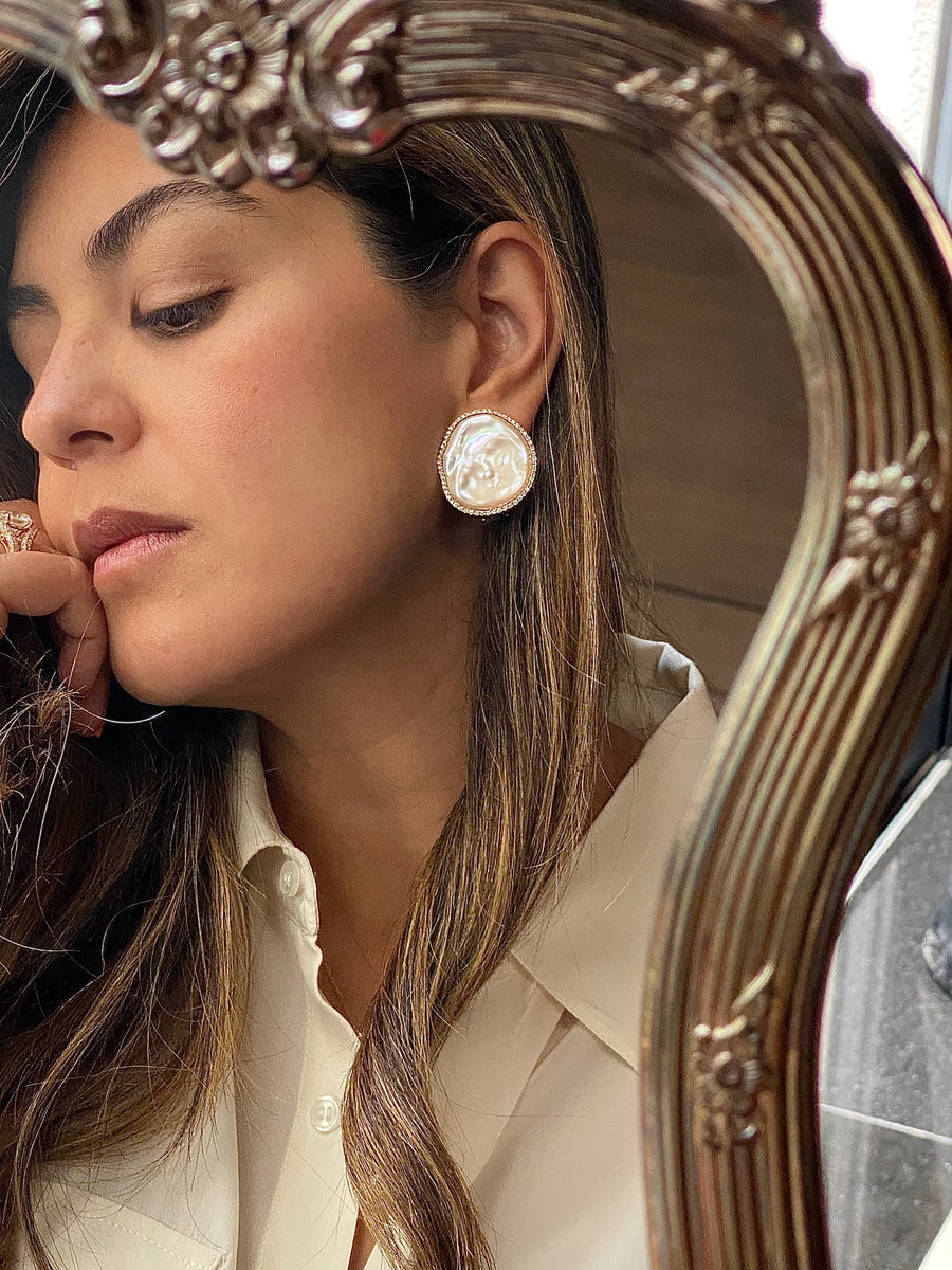 Flat Baroque & Diamond Disc Earrings