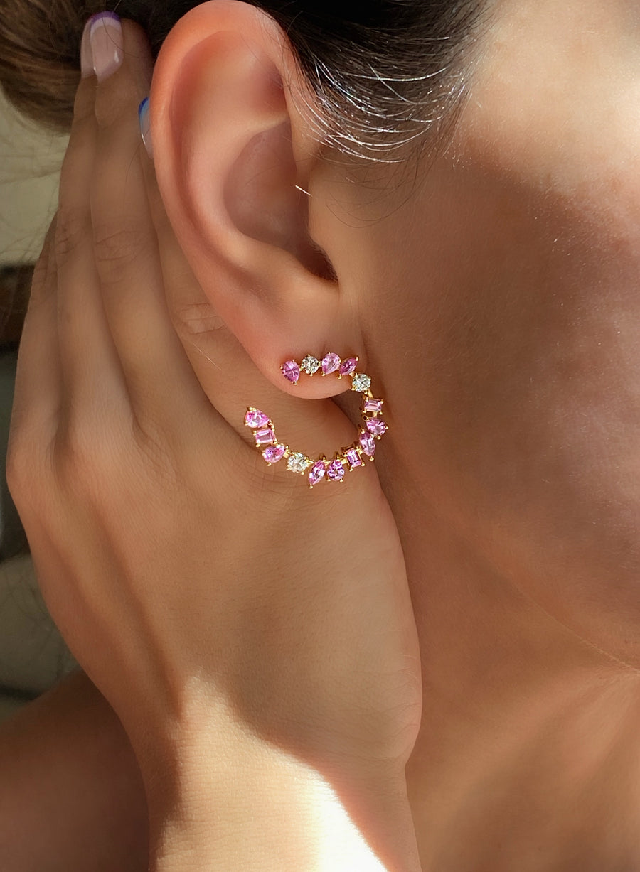 Tulle Pink Sapphire & Diamond Front Hoops